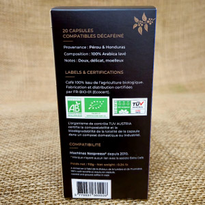 20 capsules Nespresso© compostables café bio DÉCAFÉINÉ