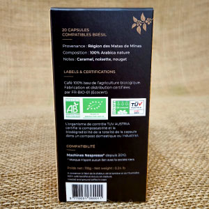 20 capsules Nespresso© compostables café bio BRESIL