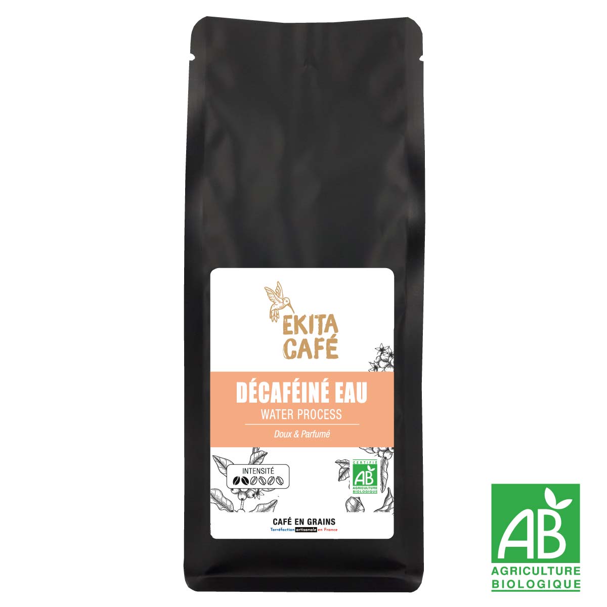 Café décaféiné grains entiers équitable Biologique, 275 g